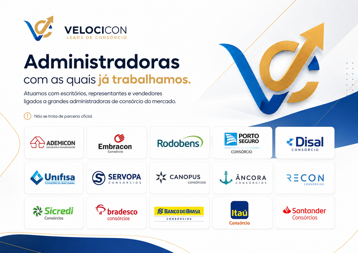 Administradoras de consórcio com as quais a VELOCICON já trabalhou: Ademicon, Embracon, Rodobens, Porto Seguro, Disal, Unifisa, Servopa, Canopus, Âncora, Recon, Sicredi, Bradesco, Banco do Brasil, Itaú e Santander
